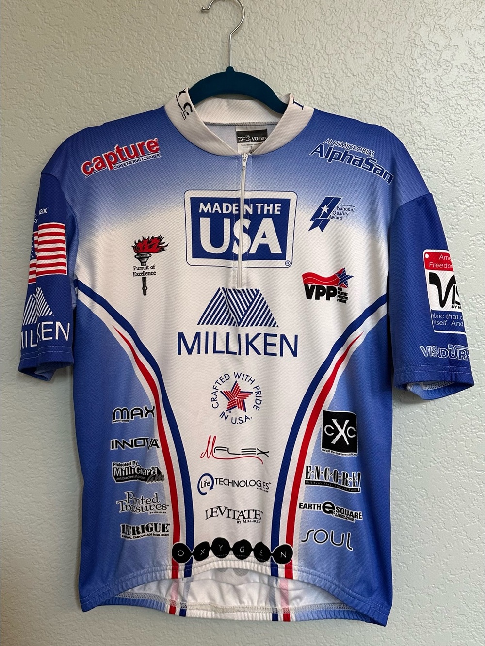 VOMax Milliken Made in USA Cycling Jersey Men’s M Sponsor Logo